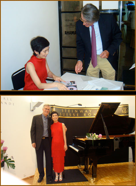 Two photographs from Steinway Hall Lausanne: Yuuko Suzuki signing at a table, and standing beside the Steinway grand under the Steinway Suisse Romande sign