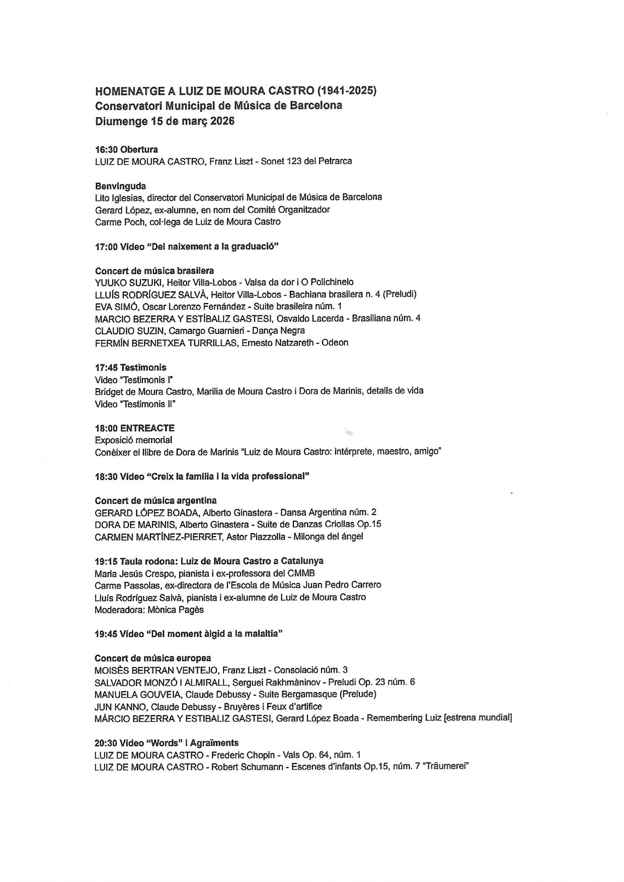 Printed programme for the Homenatge a Luiz de Moura Castro at the Conservatori Municipal de Música de Barcelona, listing the performers and works from 16h30 to 20h30