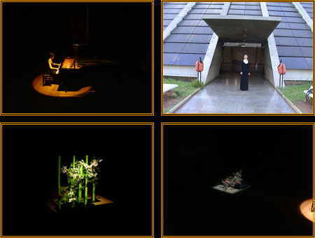 Four photographs from Brasília: Yuuko Suzuki spotlit at the grand piano, standing at the entrance of the pyramid-shaped Teatro Nacional, and two stage floral arrangements